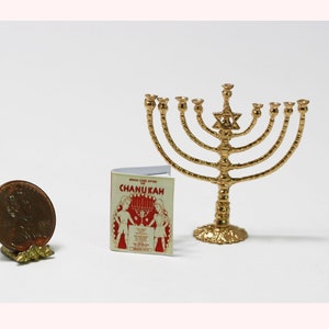 Dollhouse Miniature Artisan Large Gold Jewish Chanukah Menorah with Hanukah Book