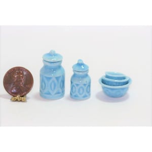Dollhouse Miniature Light Blue Embossed Kitchen Canister and Nesting Bowl Set