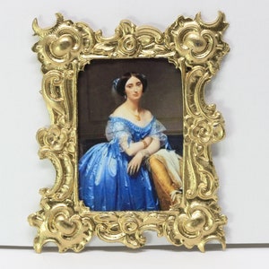 Dollhouse Miniature Art Ornate Gold Framed Victorian Portrait of a Woman in Blue