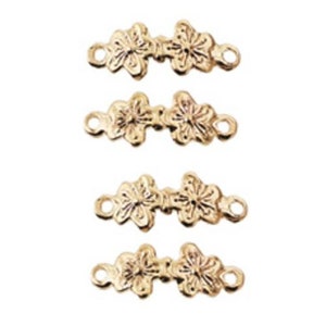 May include: Four gold-colored floral connector charms. Each charm features two stylized flowers connected by a small bar, with loops on each end for attaching to other jewelry components. Ideal for DIY jewelry making.