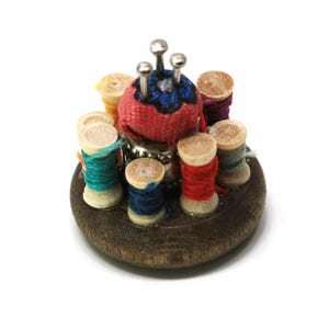 Dollhouse Miniature Spools of Thread w/Pin Cushion on Wood Base by Shadow Box