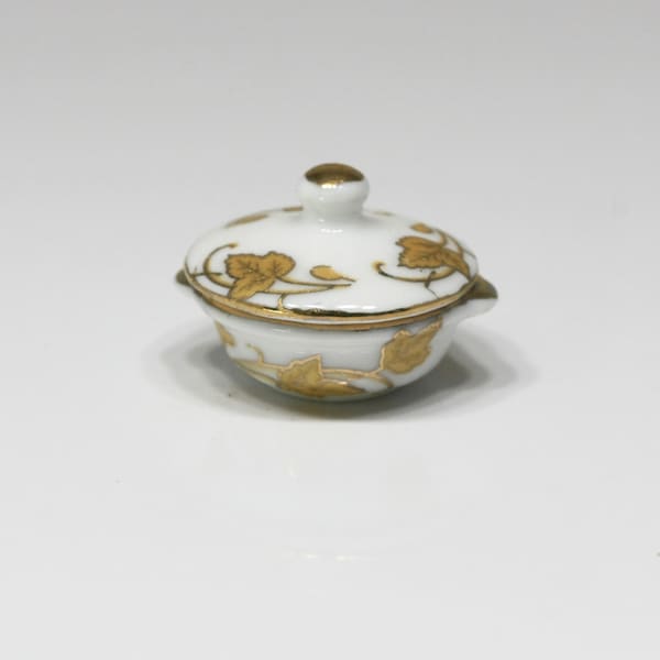 Dollhouse Miniature White and Gold Floral Porcelain Bowl or Tureen with Lid
