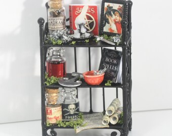 May include: Miniature black metal shelf filled with witchy items. Includes potion bottles, a candle, a framed picture, a book titled "Book of Spells", and a small red bowl. The shelf is decorated with faux greenery.