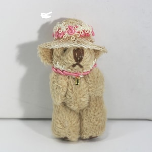 Dollhouse Miniature Artisan Teddy Bear with Pink Roses Straw Hat and Necklace