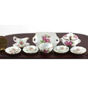 Dollhouse Miniature Pink Roses Floral Ceramic Dinner Set Trimmed in Gold