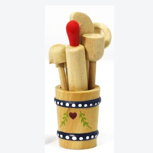 Dollhouse Miniature Kitchen Tools in a Country Motif Wood Utensil Holder