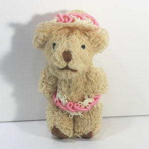 Dollhouse Miniature Teddy Bear with a Pink Vintage Lace Hat and Outfit