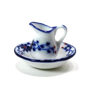 Dollhouse Miniature Blue and White Porcelain Pitcher and Bowl Set