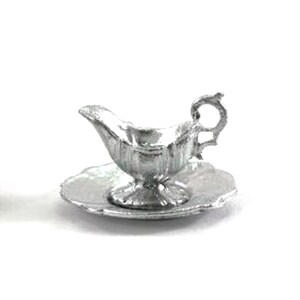 Dollhouse Miniature Silver Pewter Gravy Boat with Tray