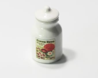 Dollhouse Miniature Large Canister in White with  Vintage Look Gardening Seed Label