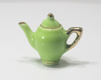 Dollhouse Miniature Apple Green Tea Pot Trimmed in Gold