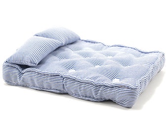 Dollhouse Miniature (TOY) Mattress in Blue Ticking with Pillows