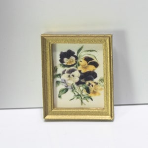 Dollhouse Miniature Art - Spring Pansy Botanical Print in a Gold Frame