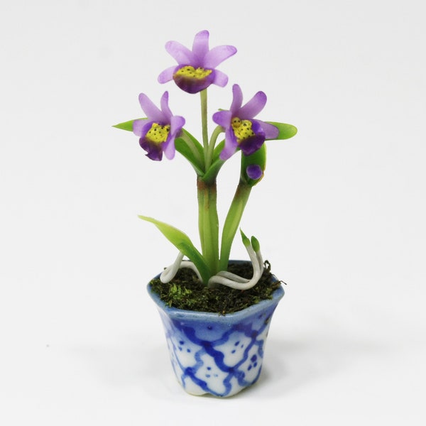 Dollhouse Miniature Violet Artisan Orchid in a Blue and White Pot