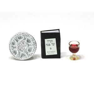 Dollhouse Miniature Jewish Passover Seder Plate and Haggadah with Wine