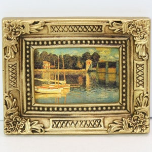 Dollhouse Miniature Impressionist Painting of 2 Sailboats at Sunset in an Aged Gold Frame
