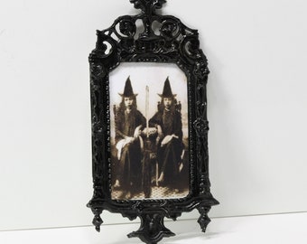 Dollhouse Halloween Art - Framed Victorian Twin Witch Sisters in a Black Gothic Frame