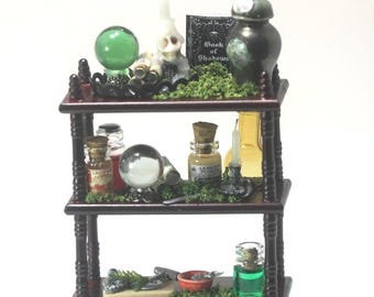 May include: A miniature three-tiered wooden shelf filled with witchy items. The top shelf holds a green crystal ball, a skull candle, and a dark green jar. The middle shelf has potion bottles and a crystal ball. The bottom shelf has a cutting board and a small bowl.