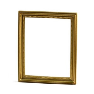 May include: A rectangular, gold-colored picture frame with a detailed beaded border. The frame has a classic design and is empty, ready to hold a photograph or artwork. The frame is made of a shiny, metallic material.