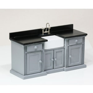 Dollhouse Miniature - Kitchen Farmhouse Sink Unit in Grey with Black Counter