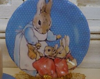 Dollhouse Miniature Artisan Plate Famous Rabbit on Blue Polka Dots