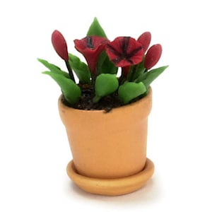 Dollhouse Miniature Red and Black Petunias in Pot by Falcon Miniatures