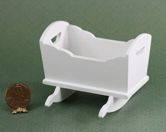 Dollhouse Miniature White Wood Rocking Baby Cradle with Roses Bedding