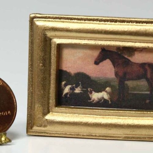 Horses and Hounds  Miniature Dollhouse Horse Art Picture 