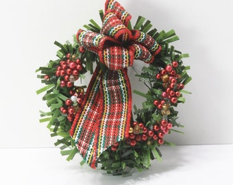 Artisan Hand-Made Holiday Wreath in Red Plaid Ribbon