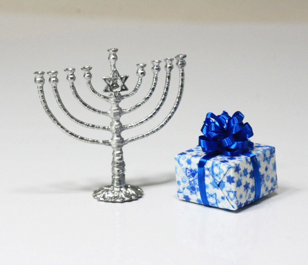Dollhouse Miniature Jewish Chanukah Silver Menorah With Chanukah Gift