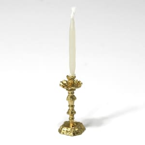 Dollhouse Miniature Elegant CandleStick in Gold Metal with Real Wax Candle