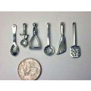 Dollhouse Miniature Polished Pewter 6pc Kitchen Utensils