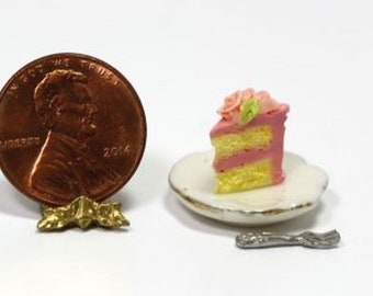 Dollhouse Miniature Slice of Pink and Yellow Artisan Cake on a Plate with Fork