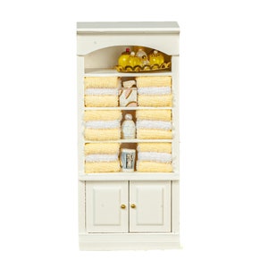 Dollhouse Miniature Bathroom Shelves Filled with Yellow Towels and Accessories