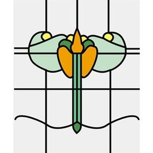 May include: A stained glass design featuring a central orange flower with green stem and petals, flanked by two light green leaf-like shapes. The design includes black lines and yellow accents, set against a white background.