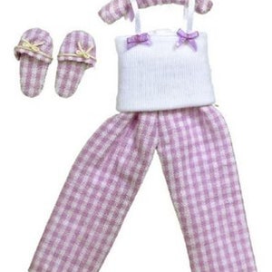 Dollhouse Miniature Ladies Pink Check Plisse Pajamas and Slippers with Hanger by Falcon Miniatures