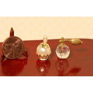 Dollhouse Miniature Creme and Gold Perfume Bottle Set