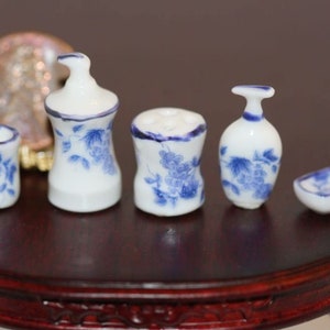 Dollhouse Miniature Blue & White 5 Piece Bathroom Accessory Set