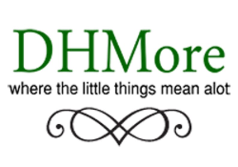 May include: The image features the text "DHMore" in green, above the phrase "where the little things mean a lot." A black decorative swirl design is below the text. The background is white.