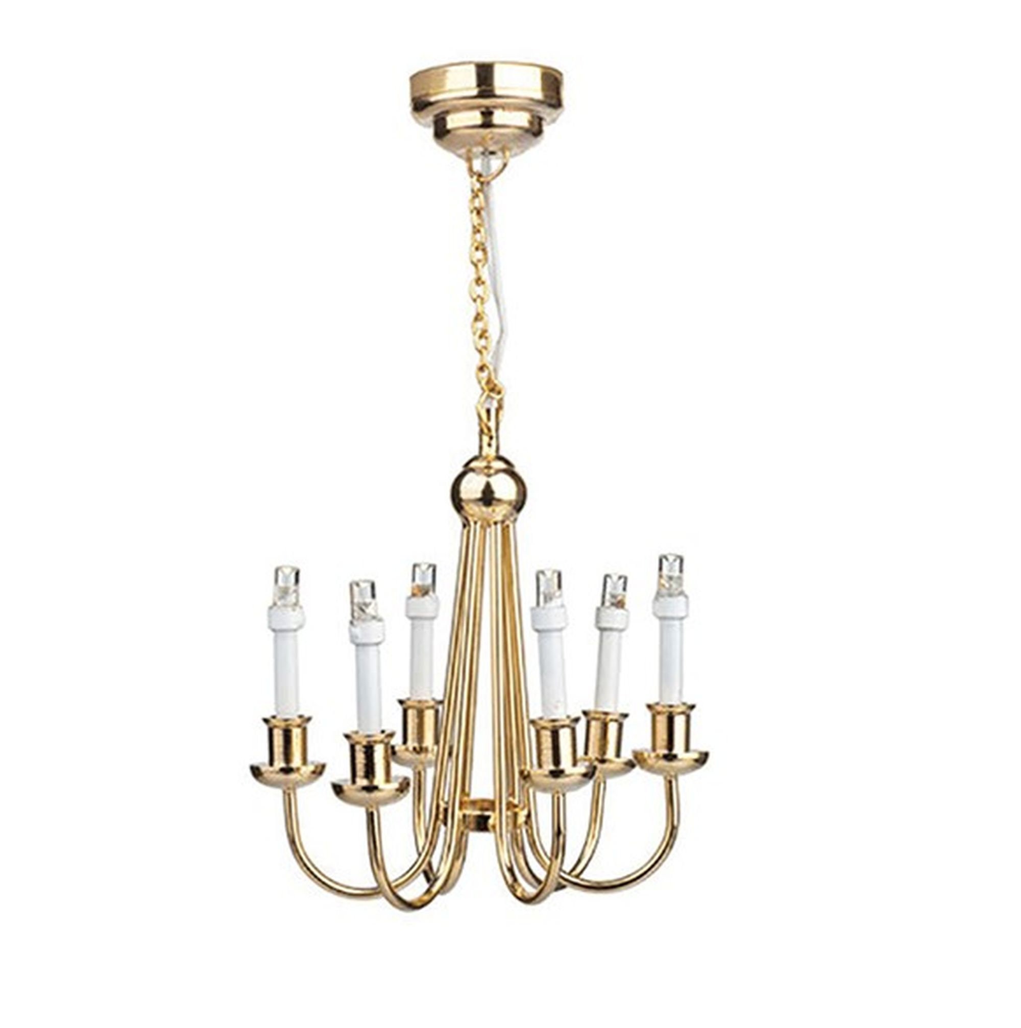 Dollhouse Miniature 6 Arm Brass LED Chandelier by Houseworks