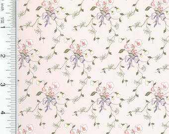 May include: A repeating pattern of pink flowers with green stems and leaves, accented by lavender bows. The design is set against a pale pink background. The ruler on the left shows measurements in inches.