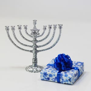 Dollhouse Miniature Jewish Chanukah Silver Menorah with Chanukah Gift