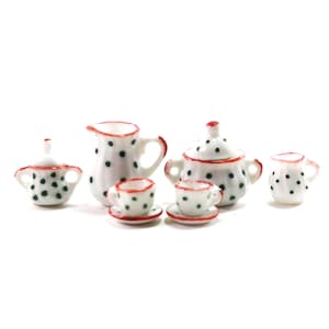 Dollhouse Miniature Swiss Dot Tea Set in White with Green Dots & Orange Trim