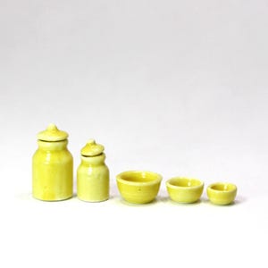 Dollhouse Miniature Yellow  Ceramic Kitchen Canister and Bowl Set