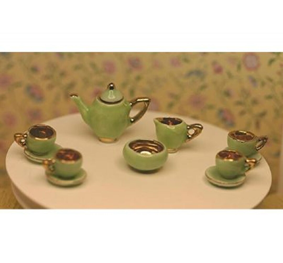 Dollhouse Miniature Tea Set in Apple Green and Gold - Etsy