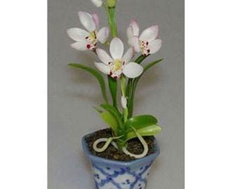 Dollhouse Miniature Floral - Very Tall Orchid in a Blue and White Ceramic Pot