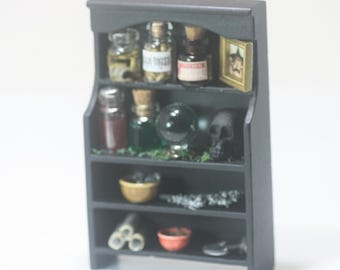 May include: A miniature black shelf filled with potion bottles, a crystal ball, a skull, and other mystical items. The shelf has multiple levels, each displaying various curiosities, including a small framed picture. The overall aesthetic is dark and mysterious.