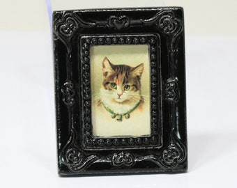 Dollhouse Miniature Art - Black Framed Victorian Kitten