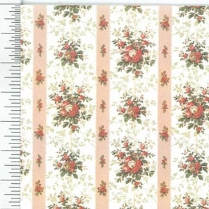 May include: Miniature floral wallpaper with a repeating pattern of red roses and green leaves on a white background. Vertical peach stripes separate the floral clusters. The ruler shows measurements in inches.