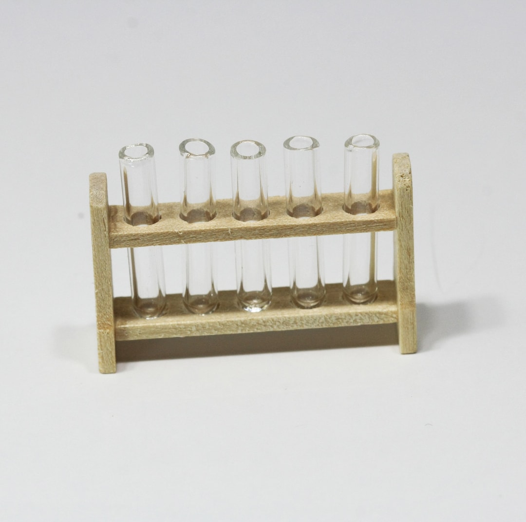 Dollhouse Miniature Laboratory Test Tubes in a Wood Rack for Halloween